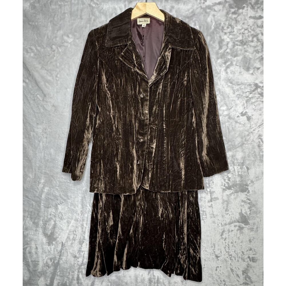 Vintage Neiman Marcus Jacket Skirt Set Womens 10 Brown Velvet Lined Israel Suit